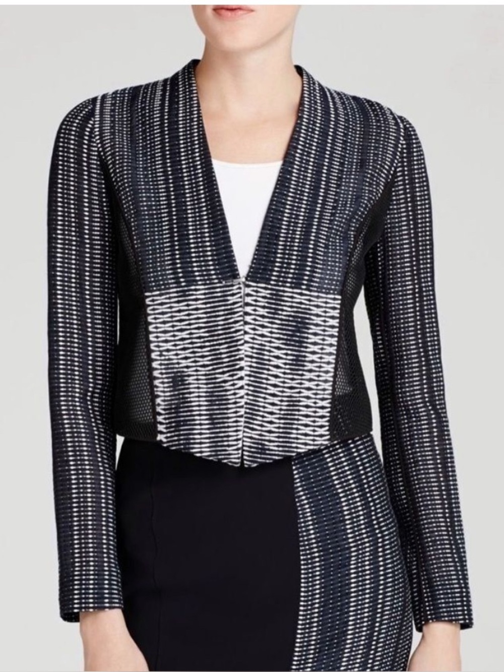 Tahari black navy and white woven jacket with sheer and net inserts Large